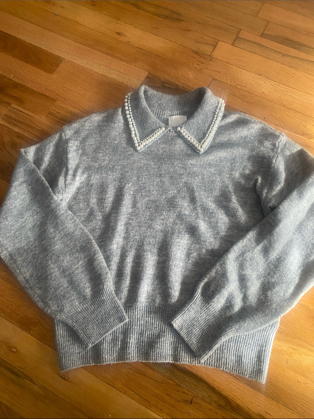 H&M Light Gray Crewneck Sweater with Pearl-Trim Collar